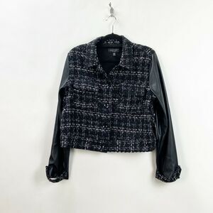 Laundry Shelli Segal XL NWT Womens Black Tweed Faux Leather Bomber Jacket